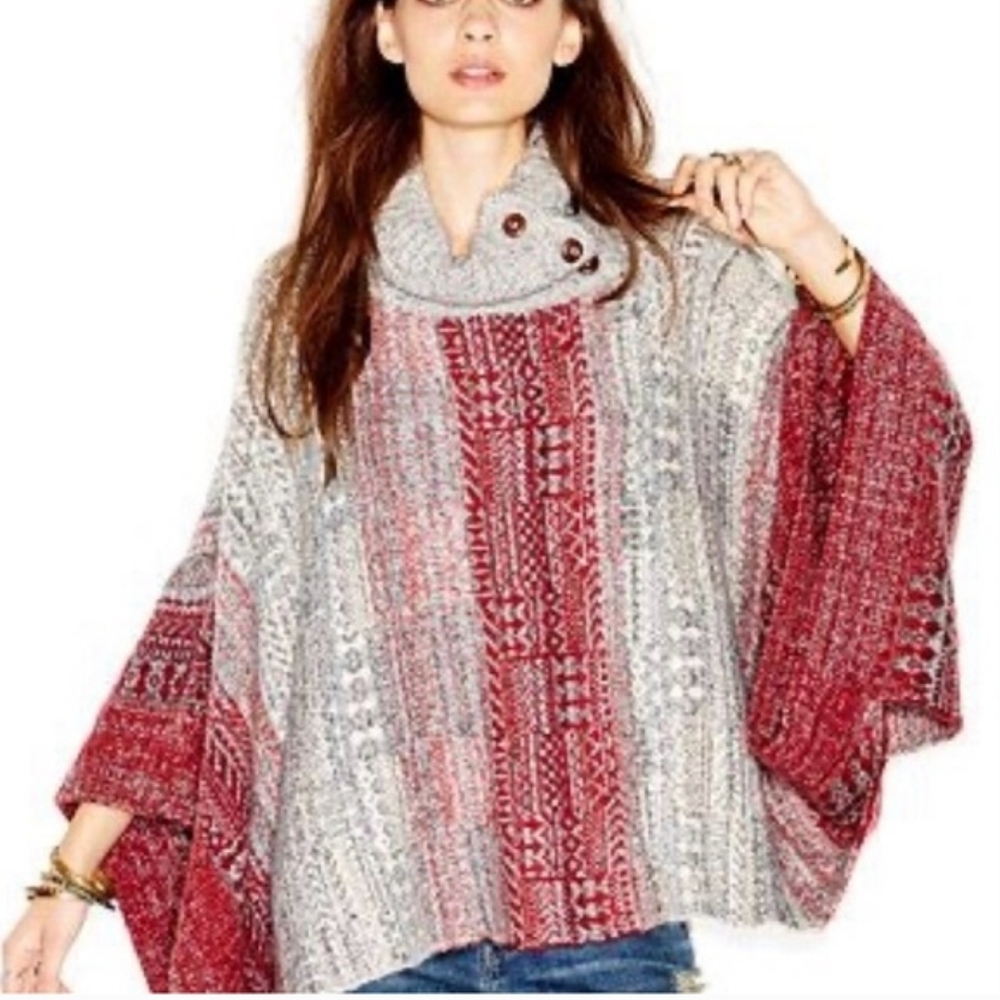 FREE PEOPLE M WILLOW PONCHO SWEATER BUTTON TURTLENECK ALPACA BLEND